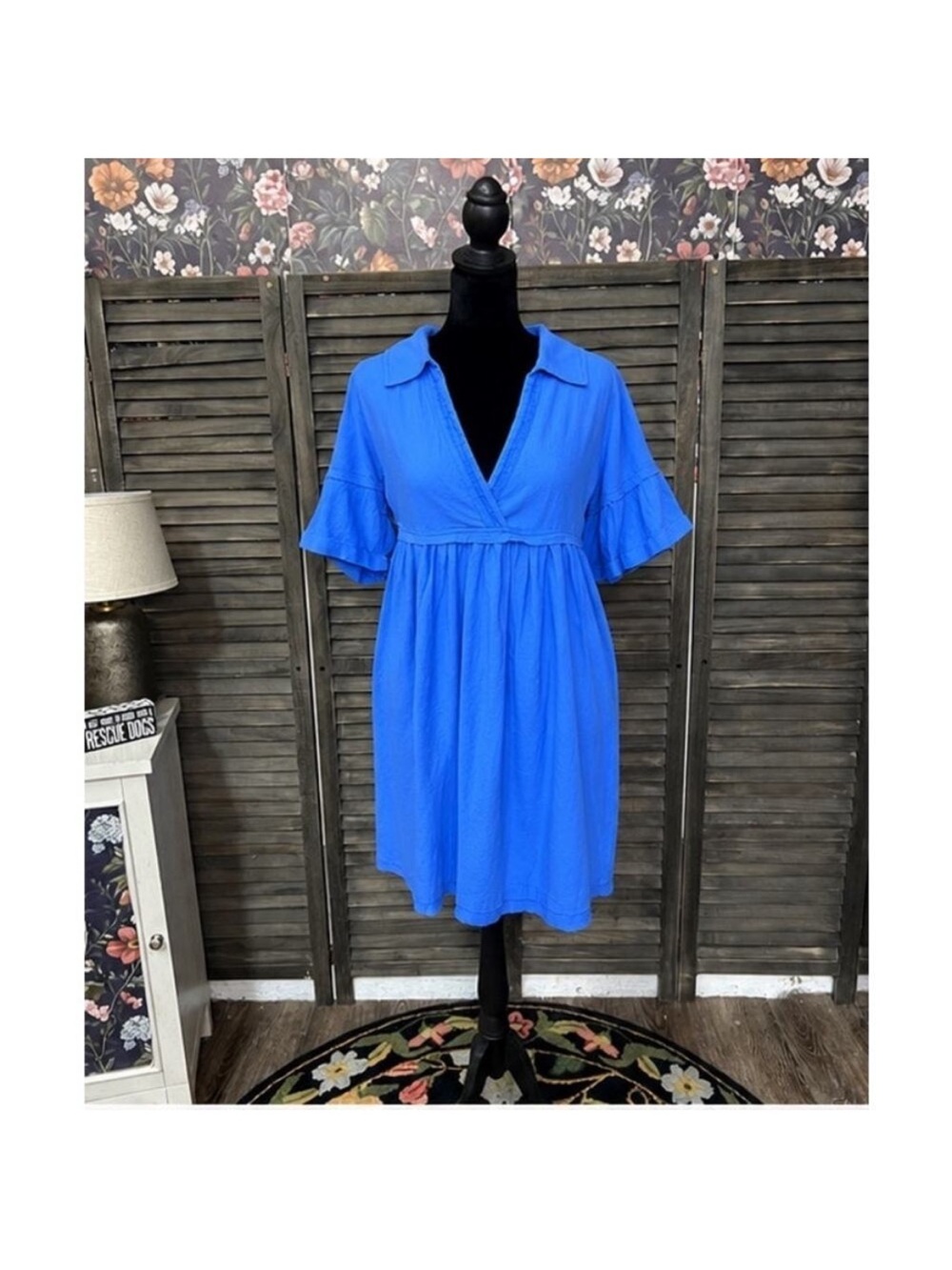 Oddi Bright Blue Cotton Babydoll Mini Dress Medium NWT Pockets Collared